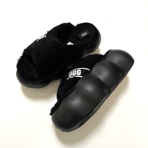UGG Sugarcloud Black Platform Slide Sandals Size 9 NWOB Terry Logo Style 1138178 - Picture 4 of 10